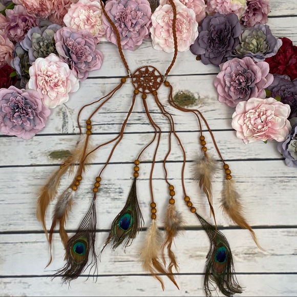 Boho Peacock/Brown Feather Dreamcatcher Headdress - Picture 10 of 14